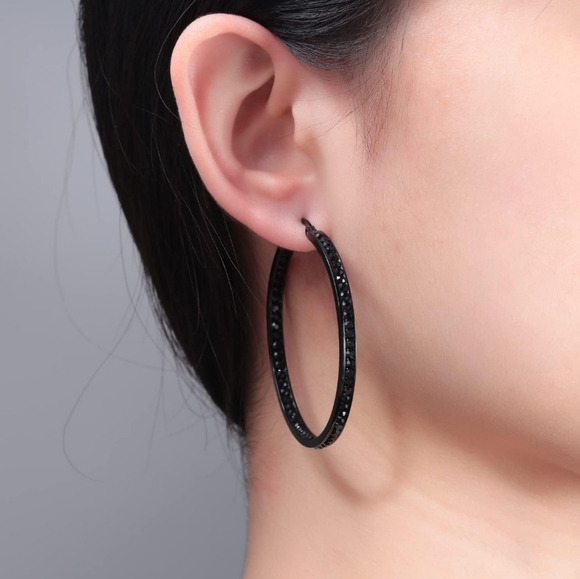 Black Metal Rhinestone Hoop Earrings Sparkle Crystal Big Channel Hoops Dark Glam - Picture 7 of 12